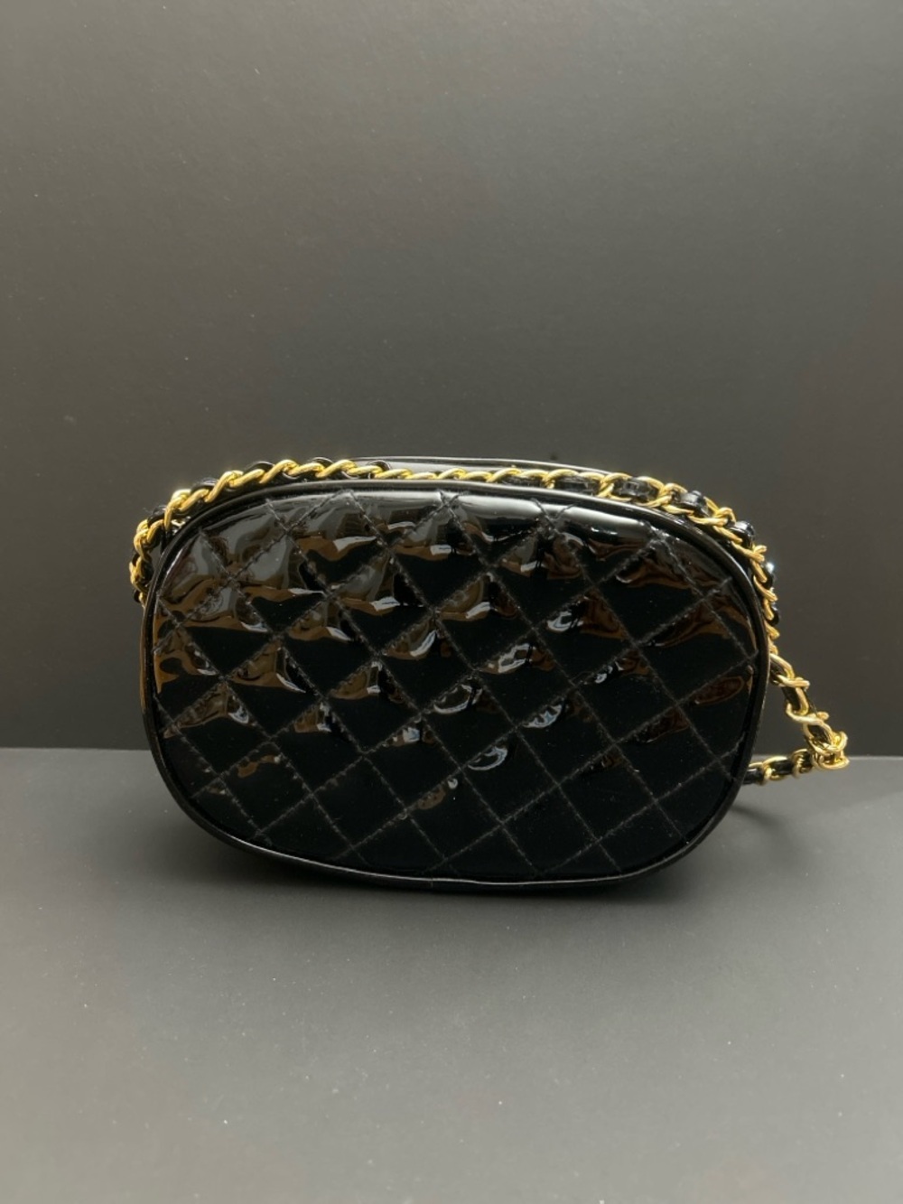 Black Patent Quilted Crossbody Bag Gold Chain Strap